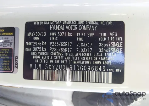 2013 Hyundai Santa Fe Sport z USA, uszkodzony, nr VIN 5XYZUDLB1DG096849